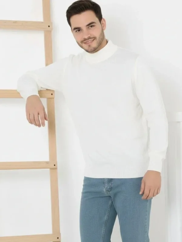 Pánsky biely polovičný golier tenký bavlnený tričkový dlhý rukáv sveter 1