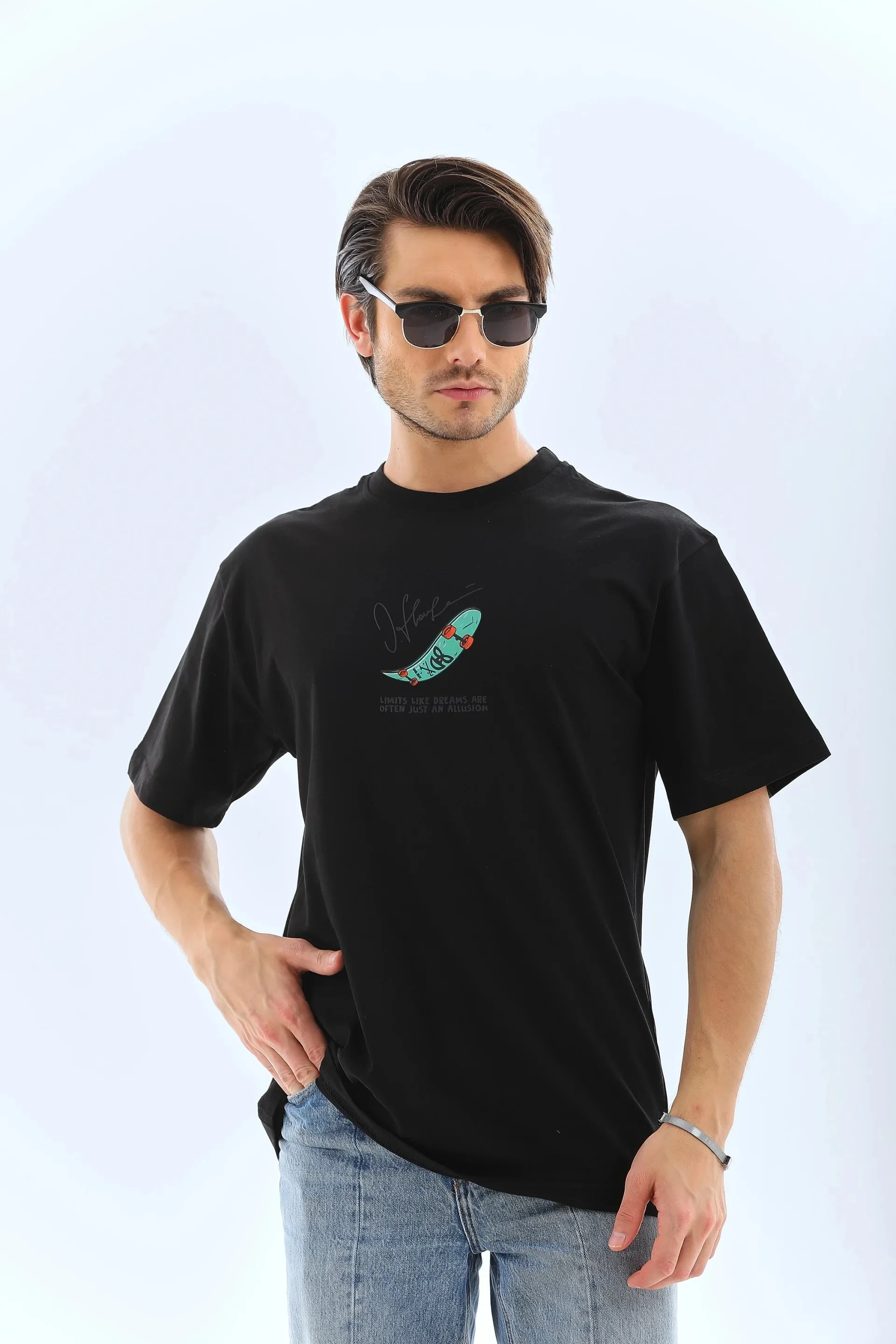 Kişi Qara Oversize Velosiped Yaxalıq Çap Yay Köynək
