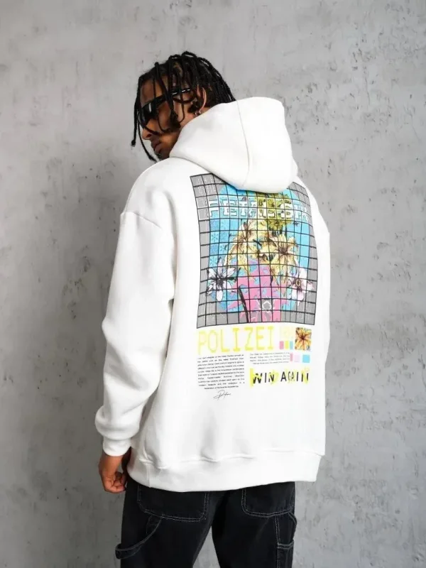 Men's White Oversize 3-Thread Cotton Hooded Printed Sweatshirt 1