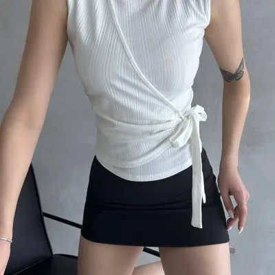 Strap Front Cross Tie Blouse White 4