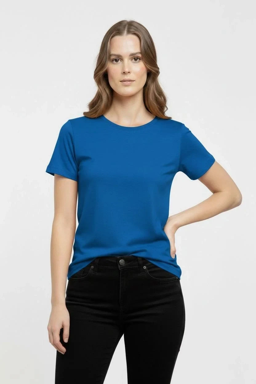 Damski indygo slim fit T-shirt z dekoltem w serek, elastyczny, podstawowy