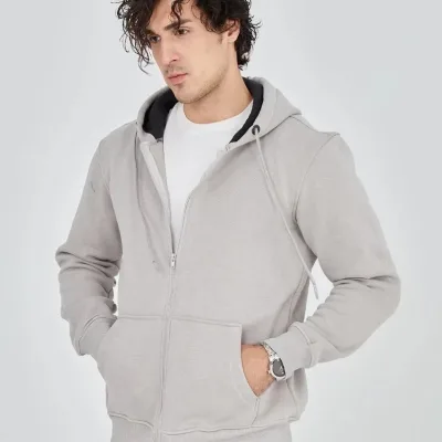 Kişi Boz 3 İplik Pambıqlı Tam Fermuarlı Başlıqlı Cepli Hoodie 5