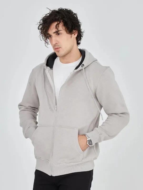 Kişi Boz 3 İplik Pambıqlı Tam Fermuarlı Başlıqlı Cepli Hoodie 5