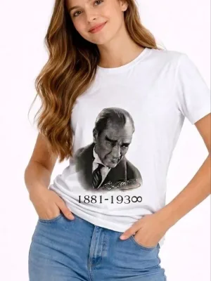 Devojčica Bela Okrugli Izrez Ataturk Print Majica