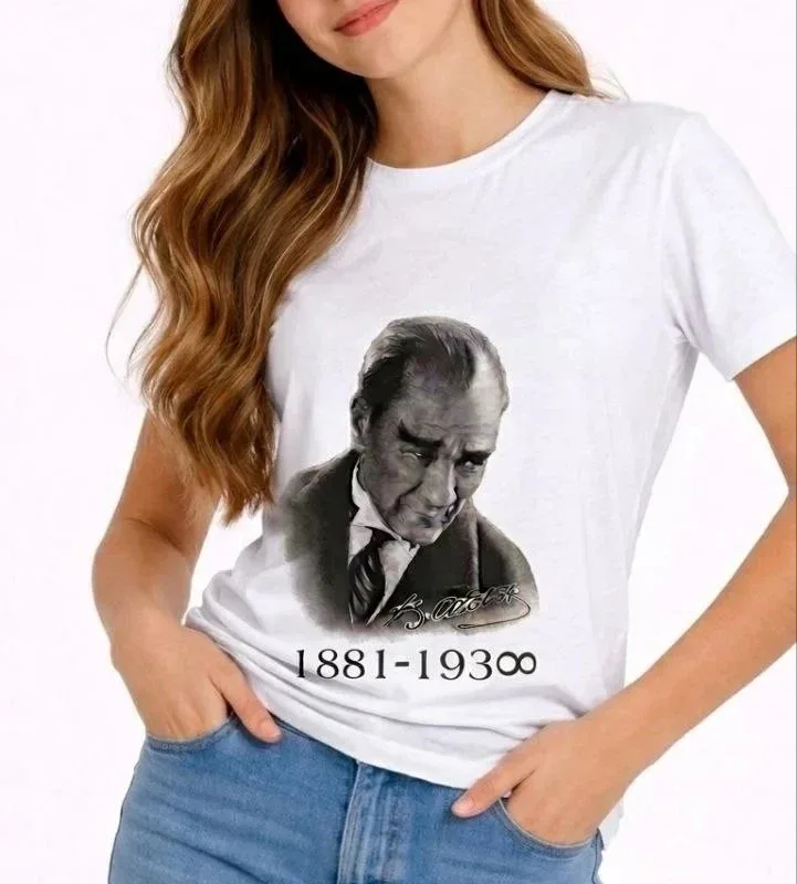 Devojčica Bela Okrugli Izrez Ataturk Print Majica