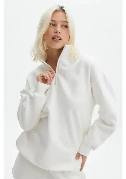 Gratë Bardhë Oversize Gjysmë Zip Pambuk Basic Sweatshirt