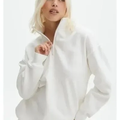Gratë Bardhë Oversize Gjysmë Zip Pambuk Basic Sweatshirt 1