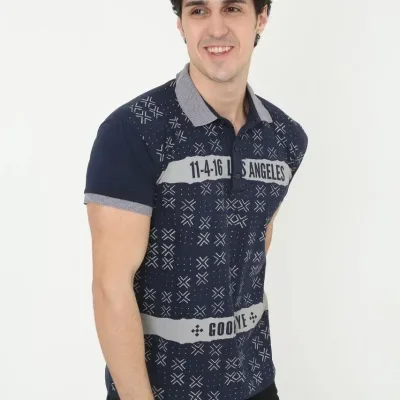 Kişi Tünd Göy Slim Fit Polo Yaxalı Baskılı Qısaqol Köynək 2