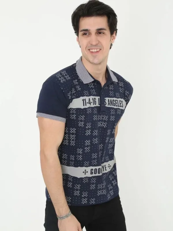 Kişi Tünd Göy Slim Fit Polo Yaxalı Baskılı Qısaqol Köynək 2