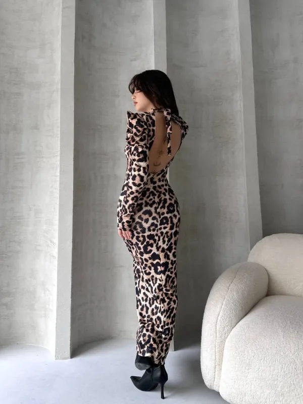 Back Cutout Leopard Pattern Dress White 3