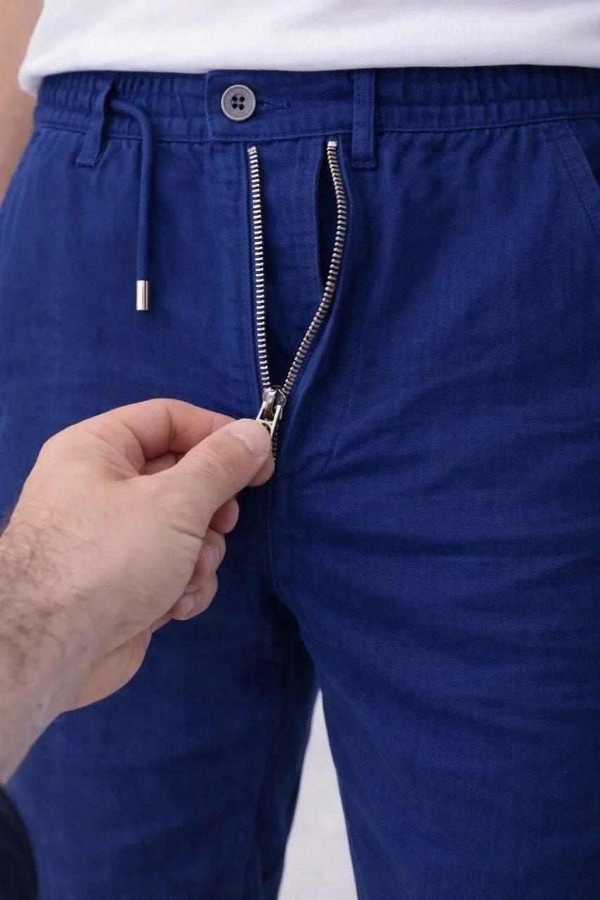 Mursho Indigo Keten Elastik Talia Džepura Fermuar Pantaloni 4