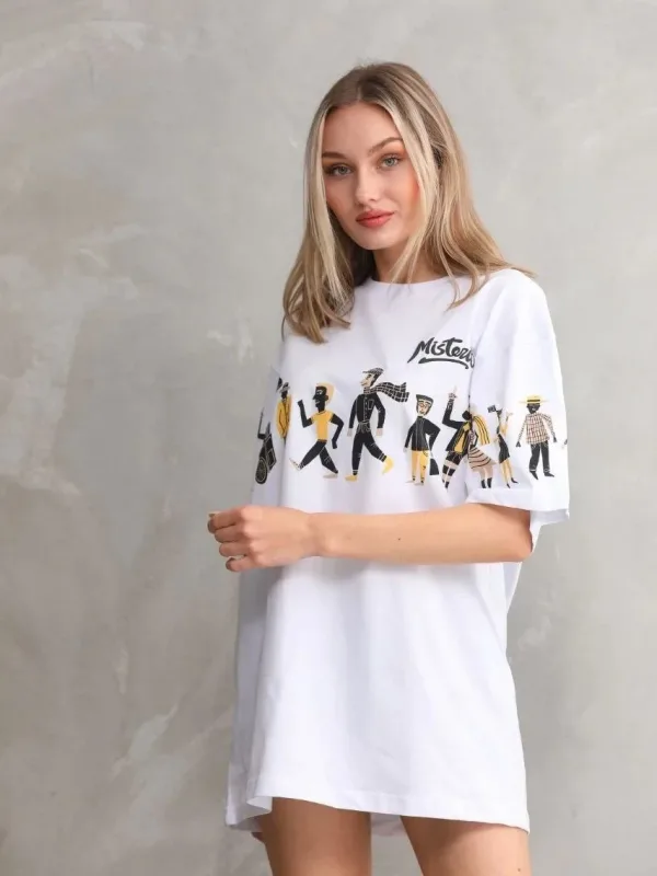 Ženska bela oversize biciklistička kragna printovana majica 5