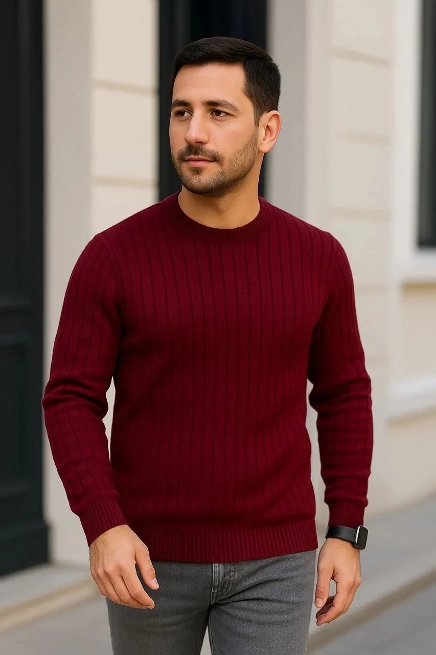 Mêr Bordo Regular Fit Fitilli Bisiklet Yaka Triko Kazak