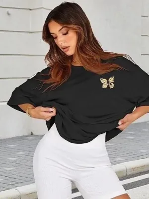Γυναικείο Μαύρο Oversize Ποδηλατόλαιμο Τυπωμένο Μπλουζάκι