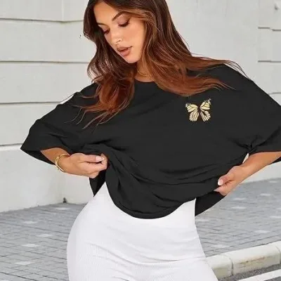 Γυναικείο Μαύρο Oversize Ποδηλατόλαιμο Τυπωμένο Μπλουζάκι 1