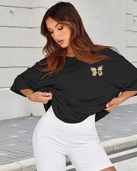 Γυναικείο Μαύρο Oversize Ποδηλατόλαιμο Τυπωμένο Μπλουζάκι