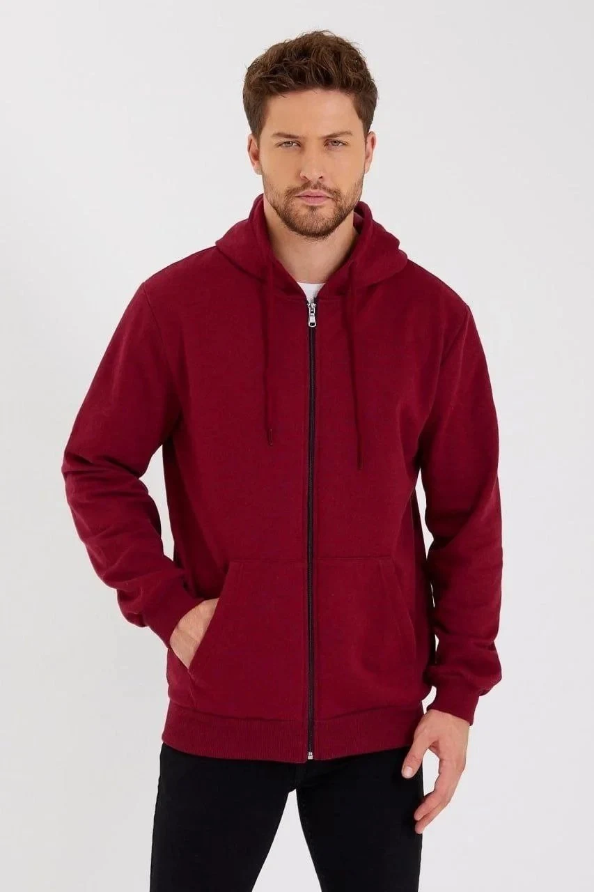 Barbat Visiniu 3 Fire Bumbac Fermoar Complet Glugă Sweatshirt