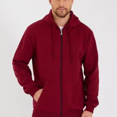 Barbat Visiniu 3 Fire Bumbac Fermoar Complet Glugă Sweatshirt 1