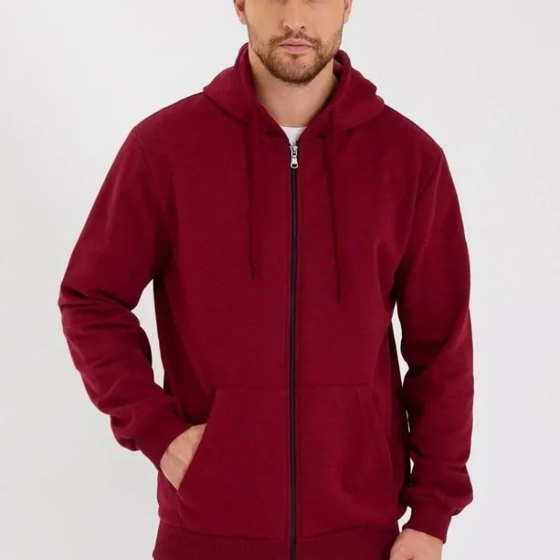 Mêr Bordo 3 Têl Pembû Tam Fermûar Kapûşon Sweatshirt
