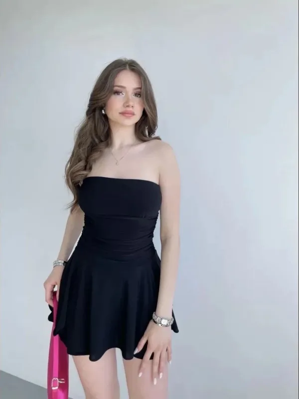 Women's Black Ruched Strapless Mini Skirt Look Shorts Dress 3