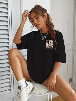 Γυναικείο Μαύρο Oversize Ποδηλατόλαιμο Τυπωμένο Μπλουζάκι
