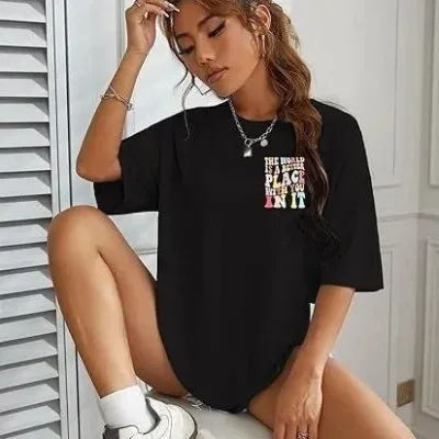 Γυναικείο Μαύρο Oversize Ποδηλατόλαιμο Τυπωμένο Μπλουζάκι 1