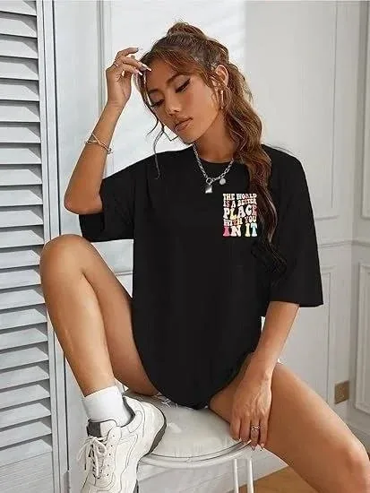 Γυναικείο Μαύρο Oversize Ποδηλατόλαιμο Τυπωμένο Μπλουζάκι 1