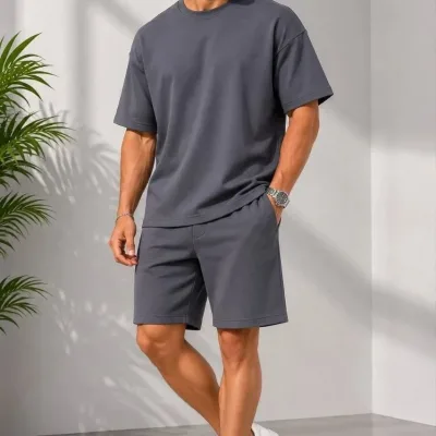 Muški dimljeni oversize set s džepovima mekani modal majica kratke hlače 1