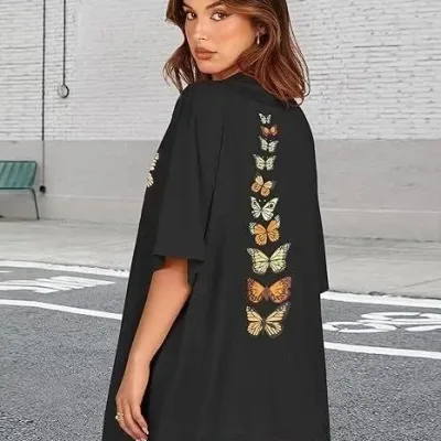 Γυναικείο Μαύρο Oversize Ποδηλατόλαιμο Τυπωμένο Μπλουζάκι 3
