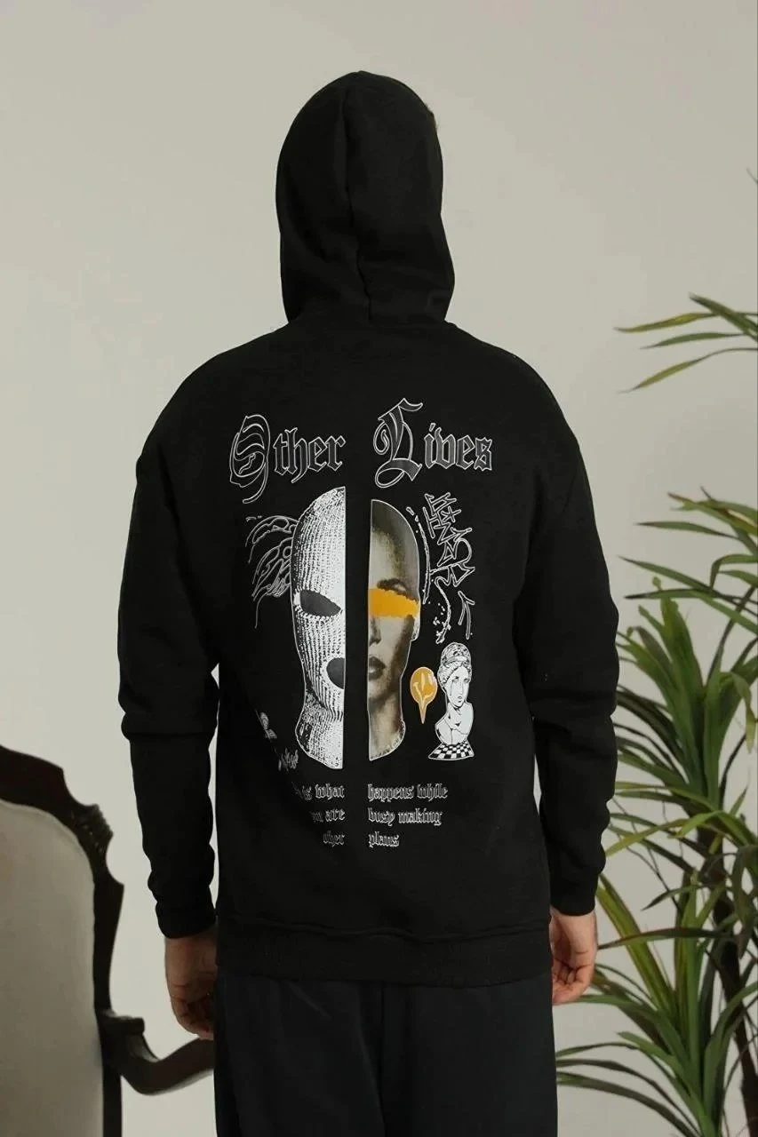 Sweatshirtê Mêran ê Reş ê Oversize 3 Têlî Pembû Bi Qapûşon û Çapkirî