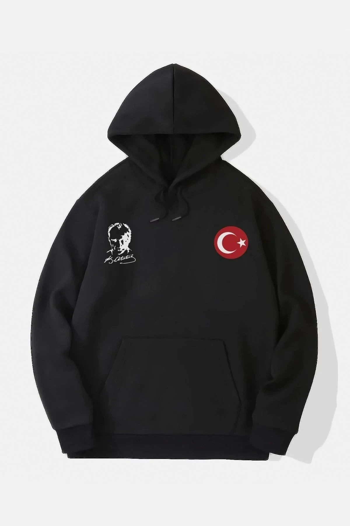 Muška crna 3 niti kapuljača tiskani sweatshirt