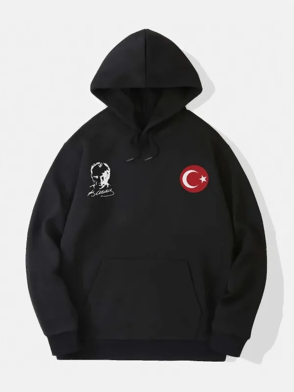 Muška crna 3 niti kapuljača tiskani sweatshirt 1
