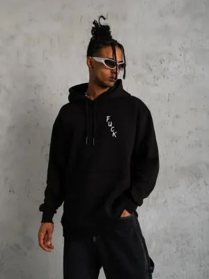Men's Black Oversize 3-Thread Cotton Printed Hooded Sweatshirt