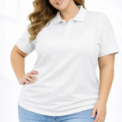 Ženska bela plus size pike tkanina polo kragna kratkih rukava majica 4