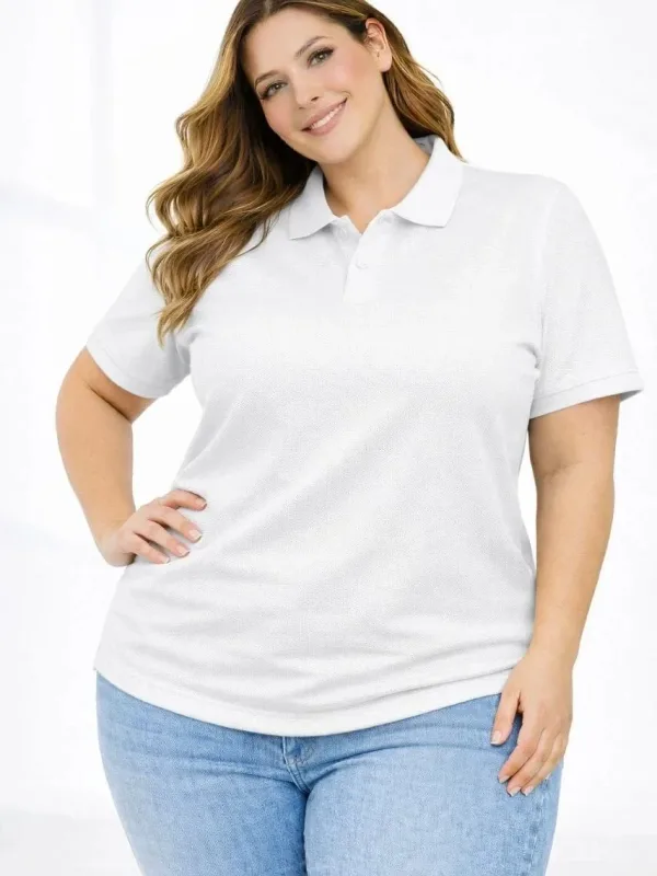 Ženska bela plus size pike tkanina polo kragna kratkih rukava majica 4