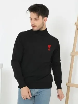Negru Bărbat Jumătate Guler Înalt Imprimat Tricou