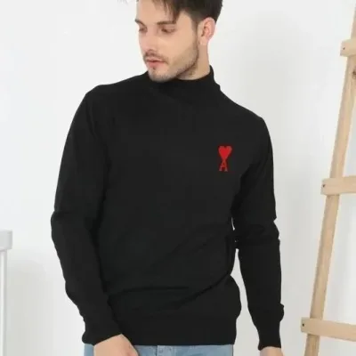 Pánsky čierny polovičný vysoký golier potlačený pletený sveter 1