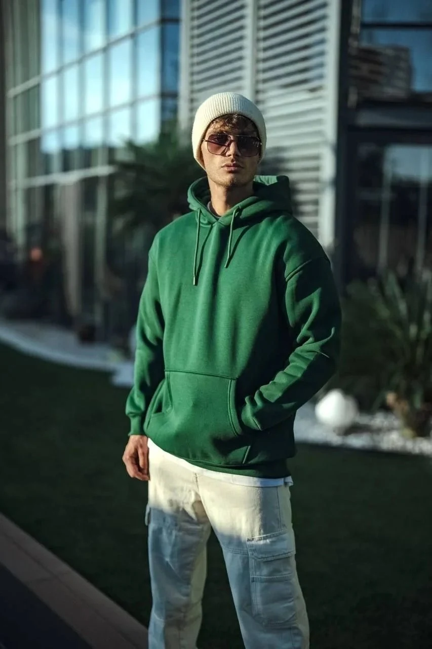 Men's Khaki 3-Thread Cotton Hooded Basic Sweatshirt