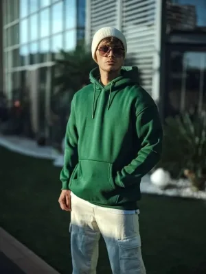Men's Khaki 3-Thread Cotton Hooded Basic Sweatshirt