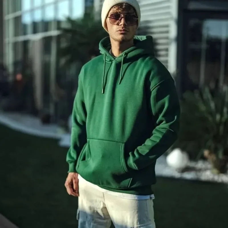 Férfi Khaki 3 Szálas Pamut Kapucnis Basic Sweatshirt