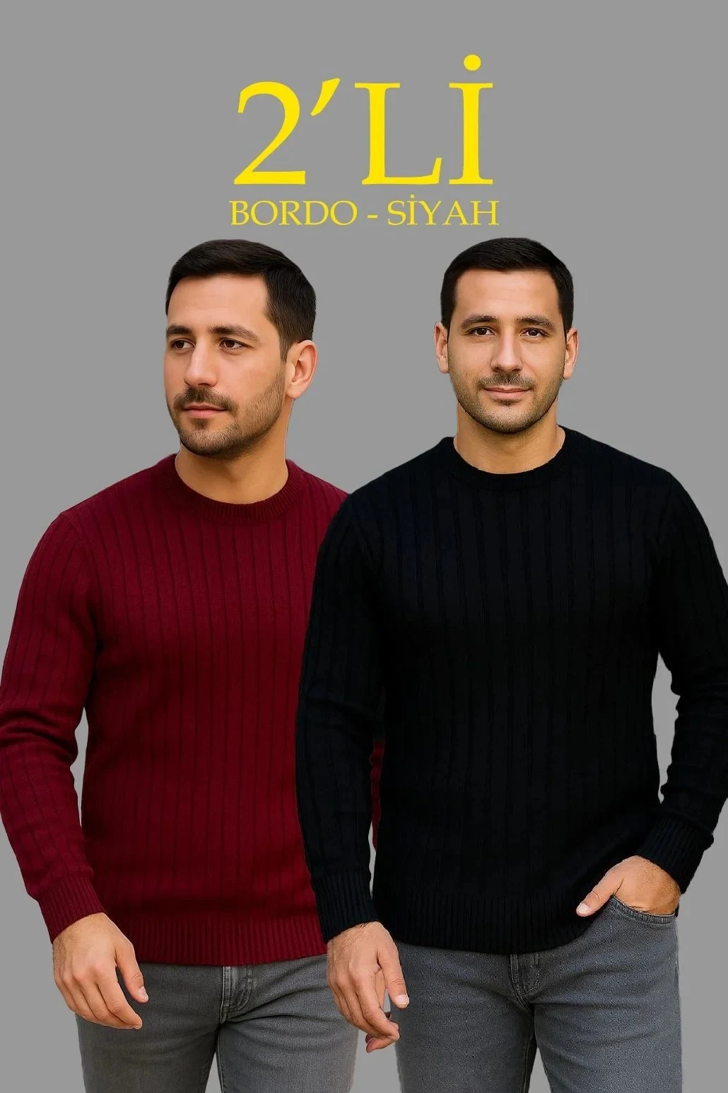 Mêrê Reş Bordo 2'lî Fitilli Bisîklet Yaka Pembû Triko Kazak