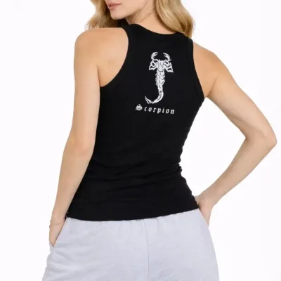 Женска Црна Slim Fit Ребраста Заден Печатен Спортска Маичка 5