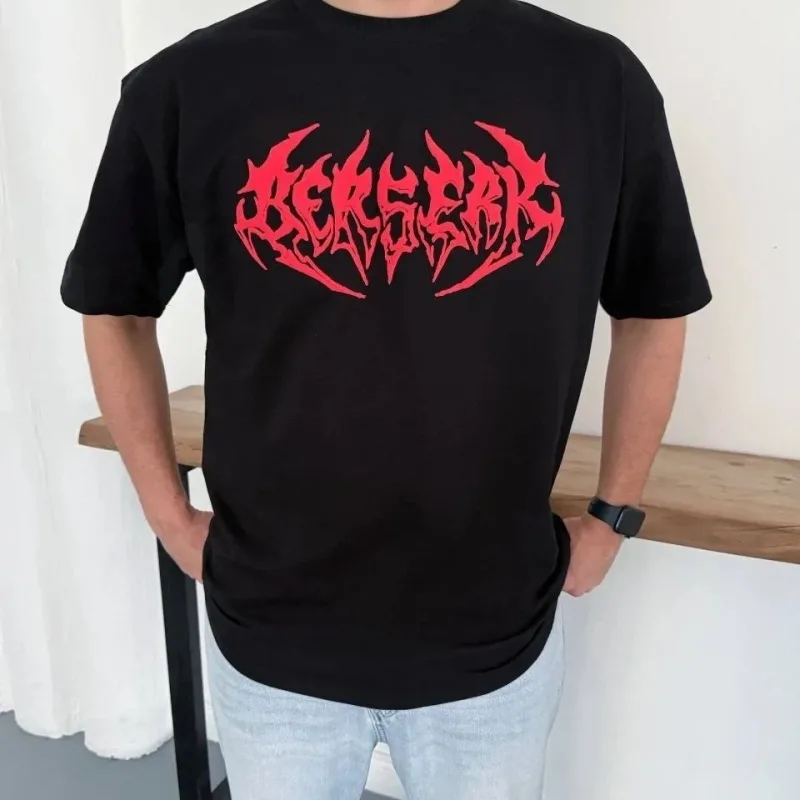 Nero Maschio Oversize Stampato Collo Ciclista T-shirt Estivo
