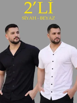 Мъжки комплект от 2 ризи, от вафлен плат, с отворена яка, с копчета, regular fit