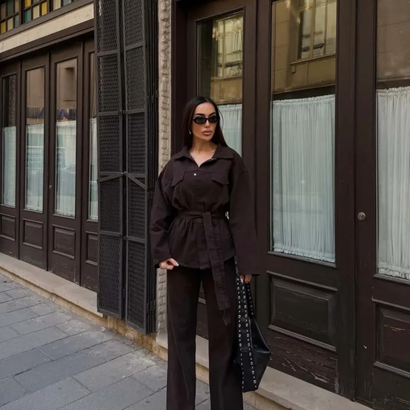 Belted Jacket And Trousers Gabardine Set Bitter Coffee