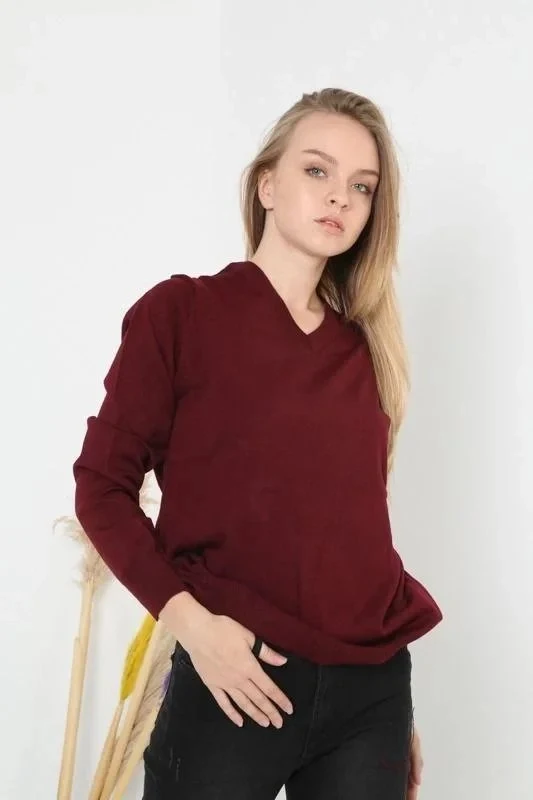 Women's Burgundy V-Neck Long Sleeve Plain Knit Sweater