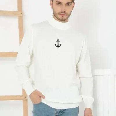 Muški beli polu-rolka štampani pleteni džemper 1