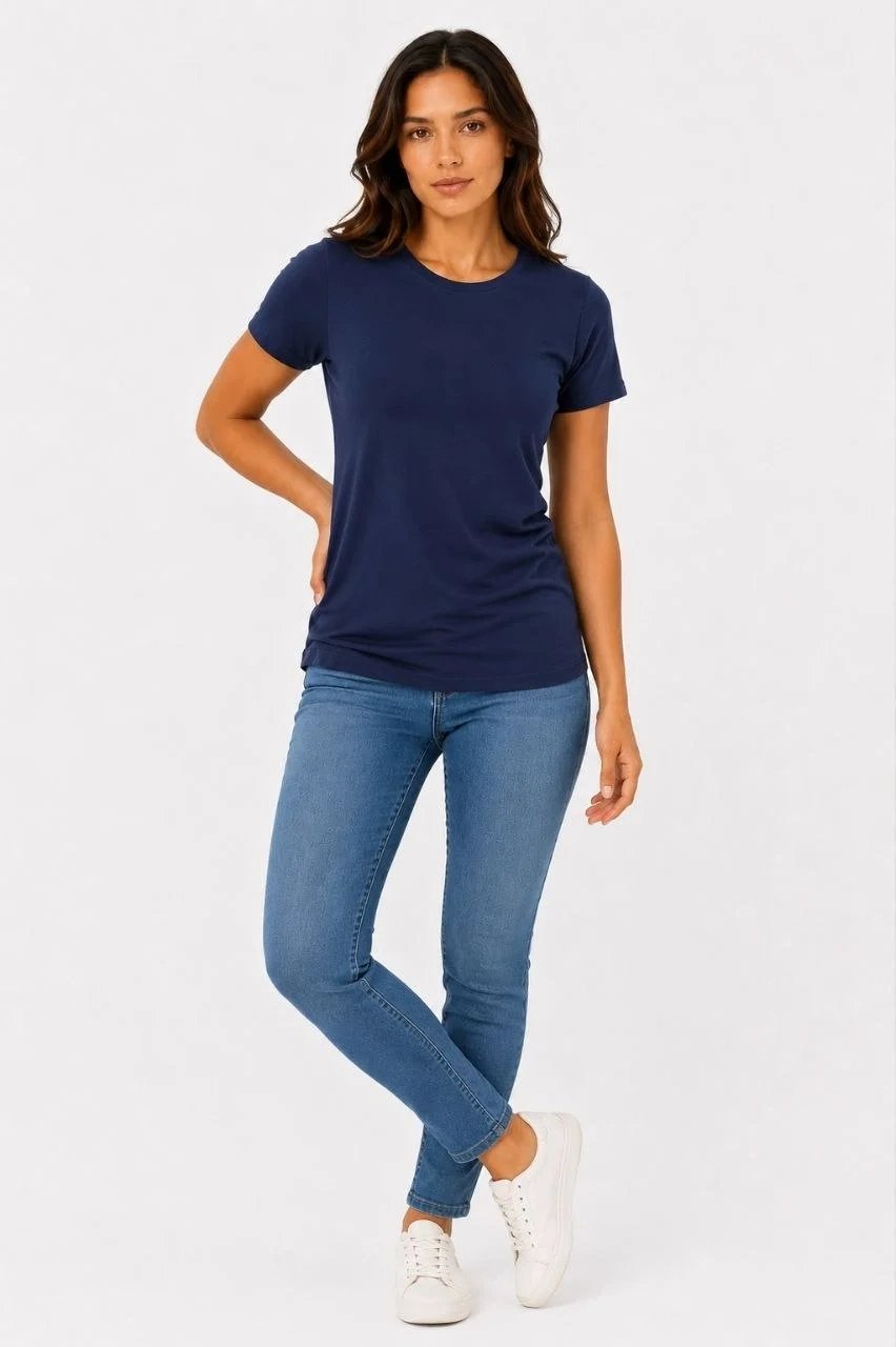 Γυναικείο Σκούρο Μπλε Slim Fit Ποδήλατο Λαιμό Basic Τ-Shirt