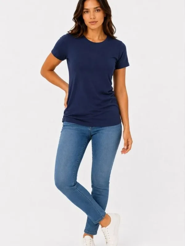 Női Sötétkék Slim Fit Kerékpár Nyakú Basic Póló 1