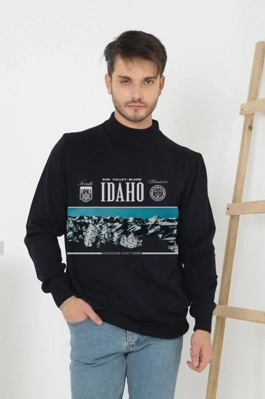 Ανδρικό Μαύρο Μισός Ψηλός Γιακάς Τυπωμένο Πλεκτό Πουλόβερ